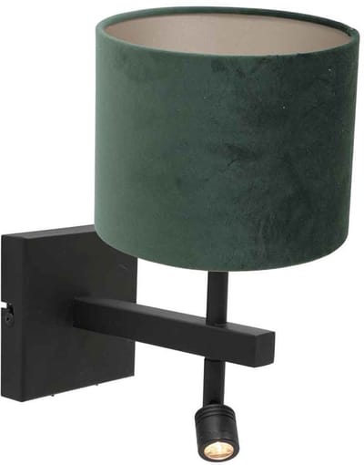 Zwarte wandlamp Stang 8205ZW van Steinhauer met leeslamp, draaibaar en kantelbaar, gemaakt van metaal en textiel, met groene velours kap, geschikt voor binnengebruik