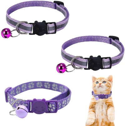 Dailygoods - 3 Stuks Paarse Kattenhalsband met Bel - Verstelbare en Reflecterende Halsband