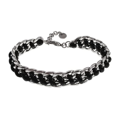 15cm tot 19cm Armband Unisex - Zwarte Armband - Gepolijst RVS - Cubaanse Schakelsarmband met Zwart Koord - Verstelbaar