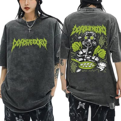 T-shirt Vintage en Coton Lavé avec Impression Anime pour Femme Décontracté Oversize Unisexe 2XL gray