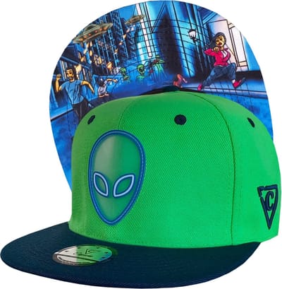 Capiche® Snapback Pet Heren – Alien Aanval – Neon Groen, Donkerblauw & Rubber Logo – Alien Collectie – Verstelbaar met Druksluiting – Sportcap – Alien Attack – Capiche Caps