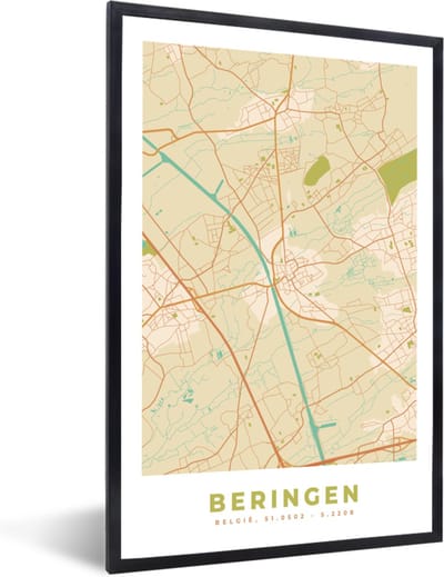 Fotolijst incl. Poster - Stadskaart - Plattegrond - Kaart - België - Beringen - 40x60 cm - Posterlijst