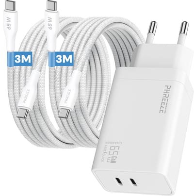 Phreeze 65 W usb C laptop oplader - Dual usb C poorten - Power Delivery GaN charger met 2 usb C naar usb C kabels 3 meter