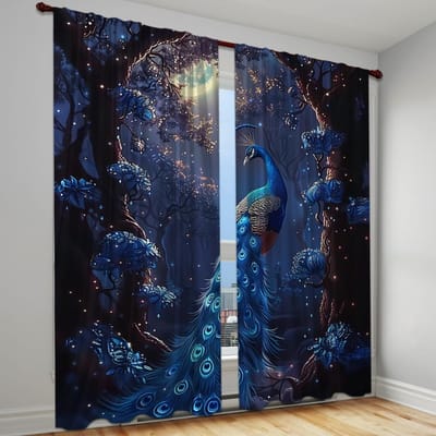 2 stuks Pauw Gordijn Eigentijds Polyester Tunnelgordijnen Digitaal Print voor Slaapkamer Woonkamer Veer & Landschap Thema 100W130H(CM)40x51in&Grommet Top