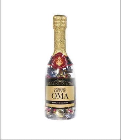 Drop - Champagnefles - 's-werelds liefste Oma - Gevuld met Drop - In cadeauverpakking met gekleurd lint