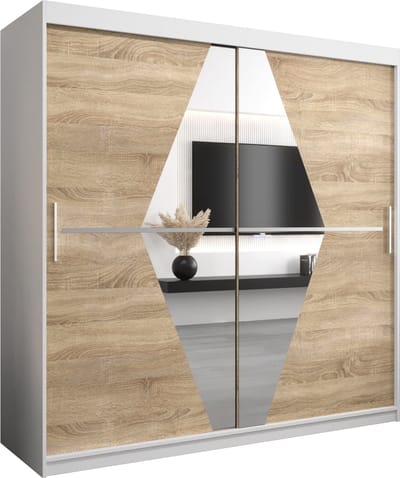 InspireMe - Kledingkast met 2 schuifdeuren, Modern-stijl, Een kledingkast met planken en een spiegel (BxHxD): 200x200x62 - BOLA 200 Wit Mat + Sonoma Eik