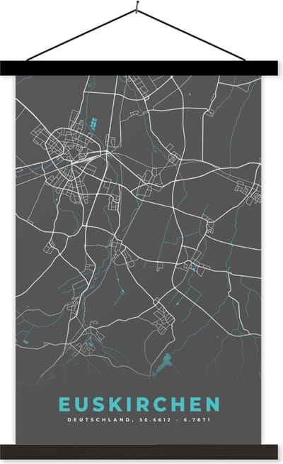 Posterhanger incl. Poster 40x60 cm - Schoolplaat - Kaart – Plattegrond – Stadskaart – Euskirchen – Duitsland – Blauw - Textielposter - Zwarte latten - Stadskaart