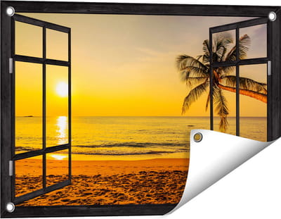 Gards Tuinposter Doorkijk Tropisch Strand tijdens Zonsondergang - 60x40 cm - Tuindoek - Tuindecoratie - Wanddecoratie buiten - Tuinschilderij