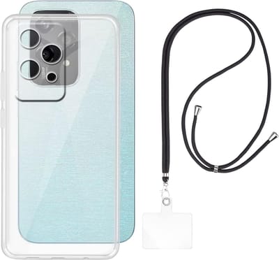 Set met hoesje en nekband voor honor 200 lite - Flexibele, transparante TPU-bescherming, verstelbare universele nekband voor mobiele telefoons, zwarte nekband, transparante draagriem van Phonillico®