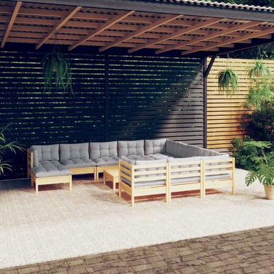 vidaXL - 12-delige - Loungeset - met - grijze - kussens - grenenhout