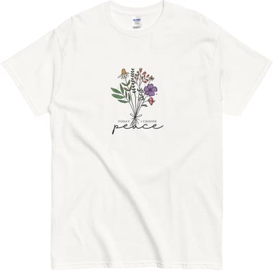 Dames en Heren T Shirt met Quote: Today I Choose Peace en Bloemenprint - Wit - S