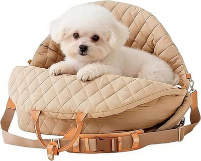 Autostoel Honden - Reisbed Puppy - Veilig Reizen - Verstelbare Riem - 40 x 40 x 40 cm - Crèmekleurig
