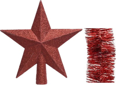 Kerstversiering kunststof glitter ster piek 19 cm en folieslingers pakket rood van 3x stuks - Kerstboomversiering