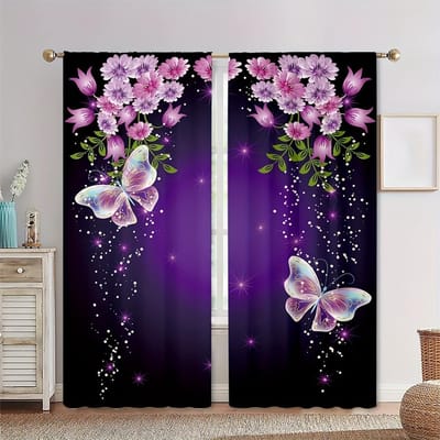 Paarse En Blauwe Kristal Vlinder Bloemen Gedrukte Raamgordijn Stang Zakbevestiging Digitale Gedrukte Gordijnen Voor Woonkamer Kleding 2x50W100H(CM)&hook