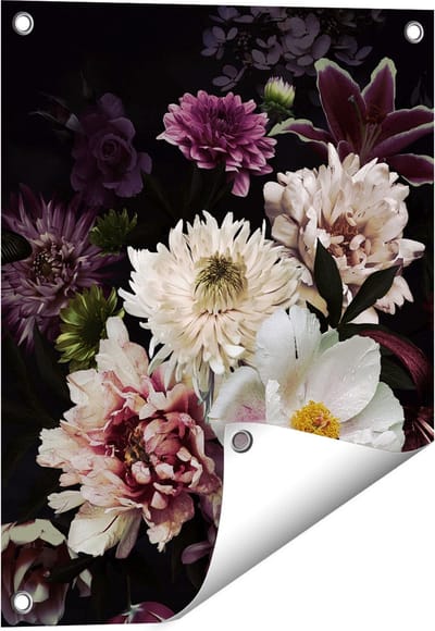Gards Tuinposter Diverse Bloemen op Zwart Achtergrond - 40x50 cm - Tuindoek - Tuindecoratie - Wanddecoratie buiten - Tuinschilderij