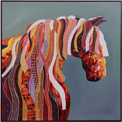 Fine Asianliving Olieverf Schilderij 100% Handgeschilderd 3D met Reliëf Effect en Zwarte Omlijsting 100x100cm Paard Grijs