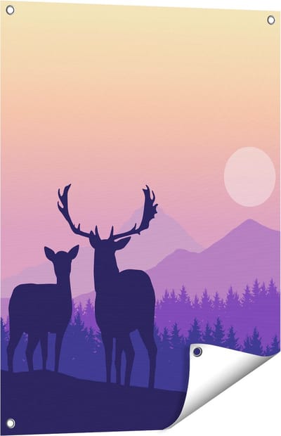 Gards Tuinposter Twee Herten - Zonsondergang - Silhouet - 60x80 cm - Tuindoek - Tuindecoratie - Wanddecoratie buiten - Tuinschilderij