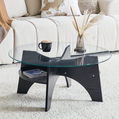 MODFU Ronde Tafel - Veiligheidsglas - Waaivormig Onderstel - Modern - Voor Woonkamer - MDF Met Zwarte Houtlook - 80 x 36 cm