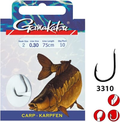 Gamakatsu Onderlijnen Carp Haak 3310F - 60cm (10 pcs) - Maat : 60cm - haak 6 - 0.28mm