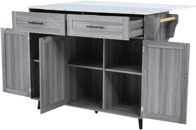 Eetkar - Keukenkast - Dinerdressoir - Aanrecht - Voor Keuken of Eetkamer - Uitschuifbaar & Stijlvol Opbergen - Wit Marmer & Kaki Grijs Hout