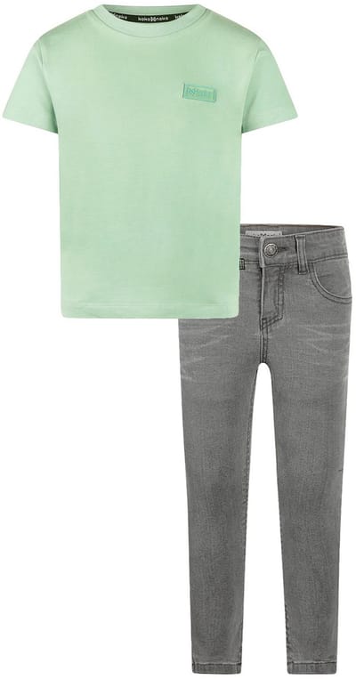 Koko Noko - Kledingset - Basic Collection - Bio Cotton - Grijze jeans - Shirt korte mouw light blue - Maat 92