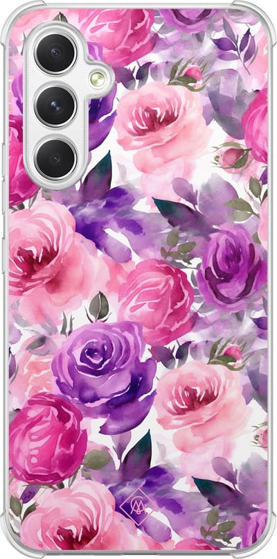 Casimoda® hoesje - Geschikt voor Samsung Galaxy A15 - Rosy Blooms - Shockproof case - Extra sterk - TPU/polycarbonaat - Paars, Transparant