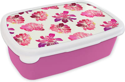 Broodtrommel Roze - Lunchbox - Brooddoos - Bloemen - Roze - Patroon - 18x12x6 cm - Kinderen - Meisje