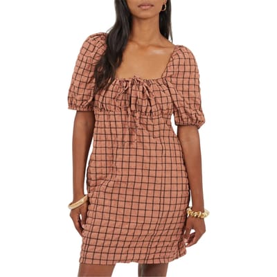 Brave Soul Mini-jurk voor dames met ruitjespatroon, vierkante halslijn en pofmouwen (Roest/Zwart)