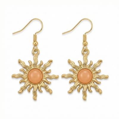 Goudkleurige oorbellen met zon vorm en oranje steen oorbellen dames met hangend ontwerp en decoratief zonmotief als oorhangers