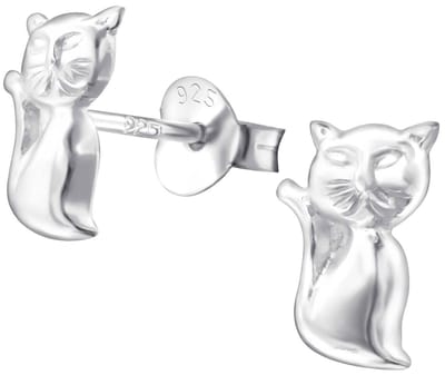 Joy|S - Zilveren kat poes oorbellen - 6 x 9 mm - oorknoppen