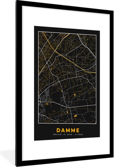 Fotolijst incl. Poster - Plattegrond - Kaart - Damme - Goud - Stadskaart - 60x90 cm - Posterlijst