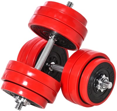 Hantelset - 20/30 kg - 2-in-1 Dumbbell en Halterset - Verstelbaar - Staal PP IJzer Zand - Rood Zwart