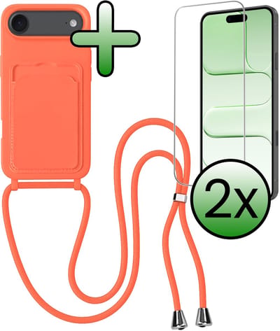 Hoes Geschikt voor iPhone Air Hoesje Pas Houder Case Hoes Met Koord Met 2x Screenprotector - Hoesje Geschikt voor iPhone Air Hoes Met Telefoonkoord Pasjeshouder Cover - Papaya