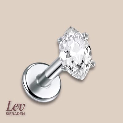 Lev Sieraden - Titanium Push Pin Labret piercing Zirkonia Marquise cut - 1.2 x 8 mm - Zilver kleurig - neuspiercing - tragus piercing - Lippiercing - Tragus piercing - Oor piercing - Helix - anti allergie nikkelvrij Piercing