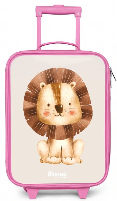 NoBoringSuitcases.com® - Kinderkoffer roze - Kindertrolley meisje - Leeuw illustratie met beige achtergrond - Koffer kind lichtgewicht - Reiskoffer trolley voor kinderen - Koffertje met lichtgevende wieltjes - Rolkoffer