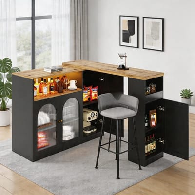 KOMHTOM - 360° draaibare bartafel - Matzwarte kast met bureau in houtnerf - Glazen kastdeur - LED-verlichting - Dressoir wijnkast koffiehoek - Hoofdgedeelte: 198x39,6x97 cm