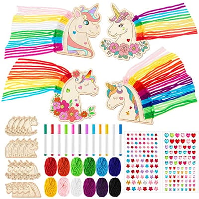 Houten Eenhoorn Knutselset - Creatieve Decoratie - Kinderen Knutselen - Met Edelsteenstickers - 16 Delig - Multicolor