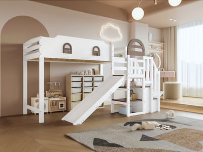Houten Stapelbed Met Glijbaan - Kinderbed Met Vensters En Opbergtrap - Ledikant 90x200 Cm - Wit En Bruin - Veilige Leuning
