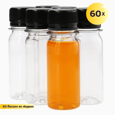 60 x Sapfles Plastic 50 ml - Rond - PET Flessen met Dop- PET Kunststof BPA-vrij - Plastic Flessen Navulbaar - Met Dop - Lege Flessen - 60 stuks