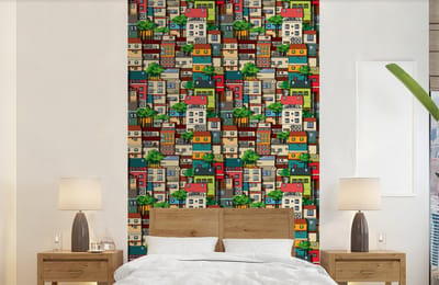 Behang - Fotobehang Patronen - Huis - Boom - Jongens - Kinderen - Kids - Breedte 150 cm x hoogte 240 cm
