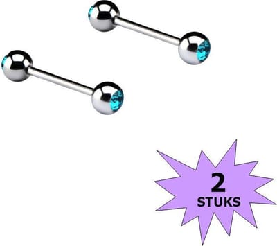Fako Bijoux® - Barbell Piercing - Kristal - 12mm - Turquoise - 2 Stuks