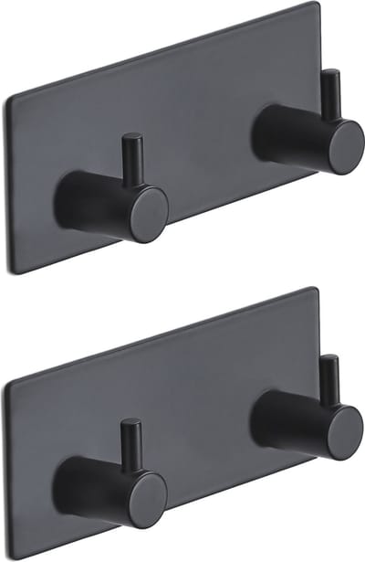 Brute Strength - RVS Handdoekhaak 2 haaks - Set van 2 Stuks - Zelfklevend zonder Boren - Zwart Vierkant - Badjas Theedoek Hanger Keuken Badkamer Handdoek Haakjes