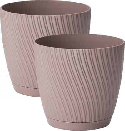 Form Plastic Plantenpot/bloempot Waves - 2x - kunststof - beige - D27 x H24 cm - met opvang schotel - rond