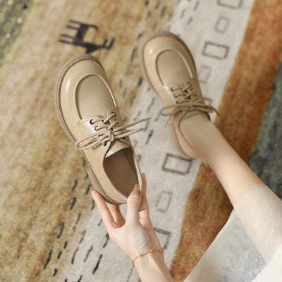 Echte leren loafers, platte schoenen, instappers, veelzijdige zachte zool, Britse stijl, veterschoenen, kleine leren schoenen voor dames 34 beige