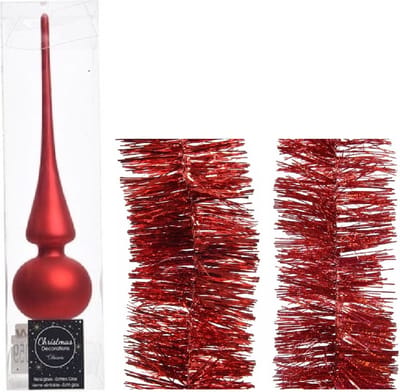 Kerstversiering glazen piek mat 26 cm en folieslingers pakket rood van 3x stuks - Kerstboomversiering