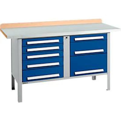 Box-type werkbank Schäfer Shop Select PWi 150-8, beuken multiplex blad, met stalen afdekking, tot 750 kg, B 1500 x D 700 x H 840 mm, gentiaanblauw