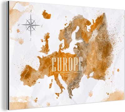 Aluminium schilderij 150x100 cm - Wanddecoratie metaal - Wereldkaart - Europa - Kleur - Metalen muurdecoratie woonkamer - Decoratie industrieel - Foto op dibond - Industriële accessoires slaapkamer