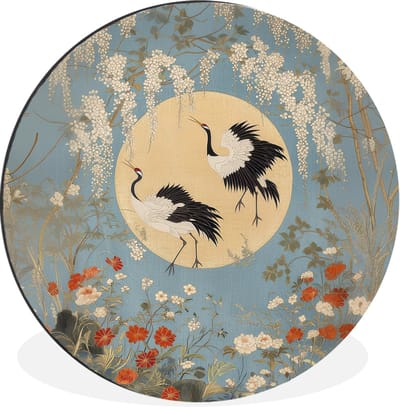WallCircle - Wandcirkel - Muurcirkel - Kraanvogels - Maan - Bloemen - Blauw - Aluminium - Dibond - 30x30 cm - Binnen en Buiten