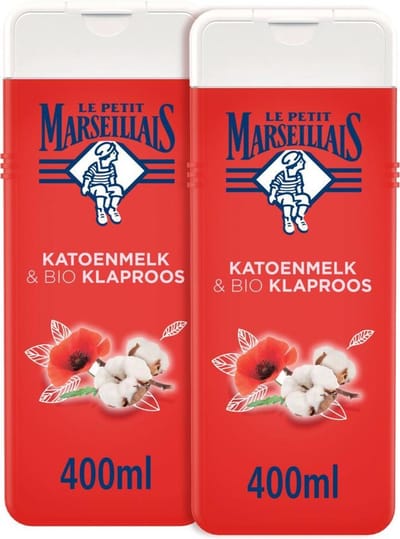 Le Petit Marseillais Crème de Douche Extra Douce Coton & Coquelicot BIO, pH neutre pour la peau et testée sous contrôle dermatologique, 2x400ml