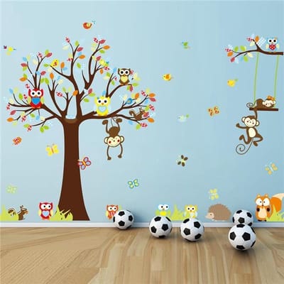 XXL Kleurrijke Boom Met Tak & Dieren Muursticker - Aapjes Met Uiltjes / Uilen / Uil & Vlinders - Muurdecoratie Voor Kinderkamer / Slaapkamer / Babykamer Jongens & Meisjes